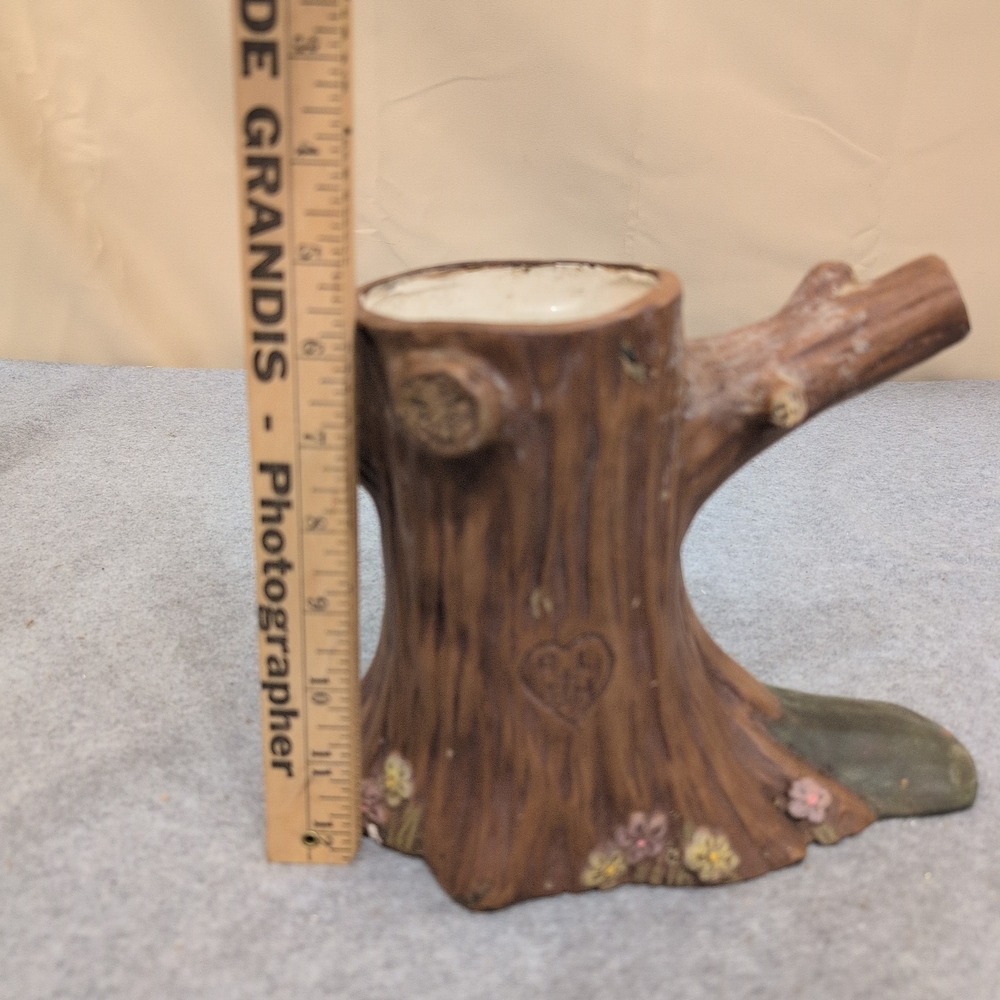 Vintage Tree Stump Ceramic Planter Bark Texture Heart Carving Brown Floral - Picture 2 of 13